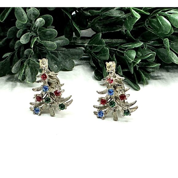 Vintage Christmas Tree Rhinestone Clip On Earrings Silver Tone Festive Jewelry - Picture 4 of 6